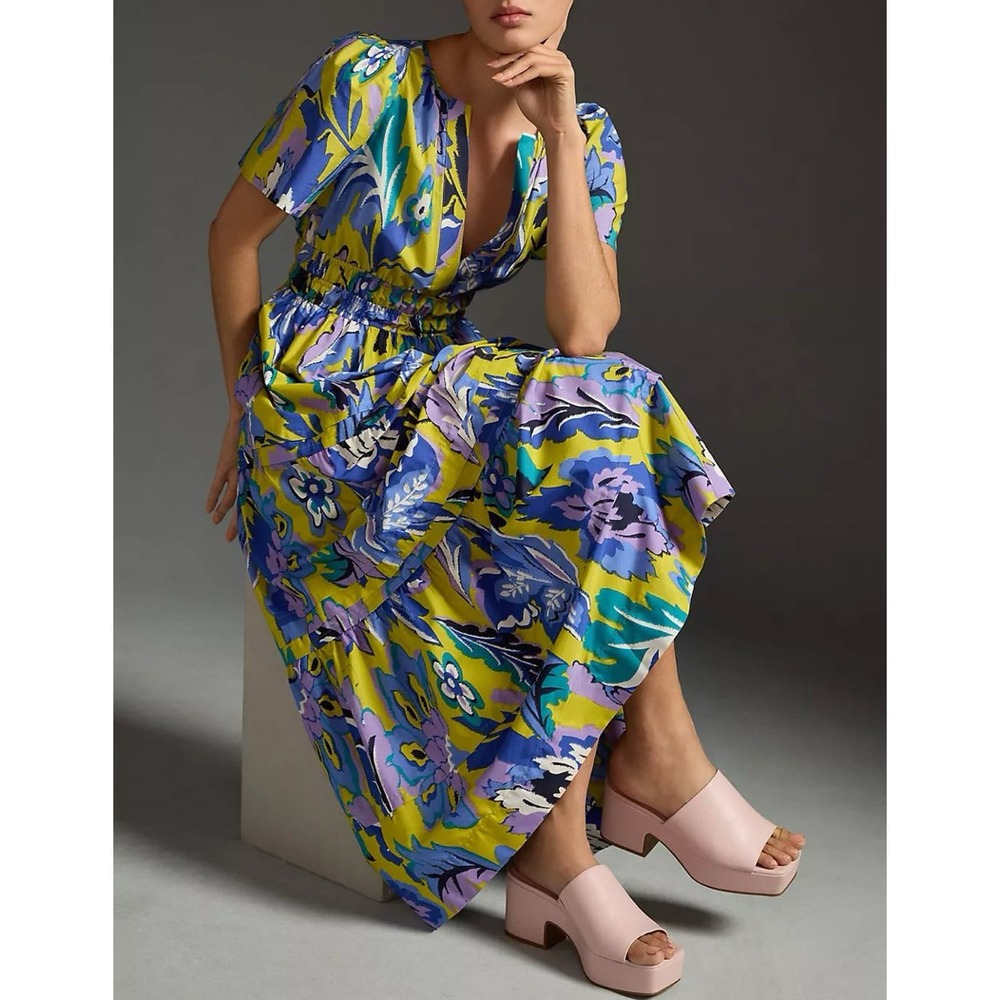 Anthropologie Somerset Tiered Maxi Dress Floral Iris Art Purple size small